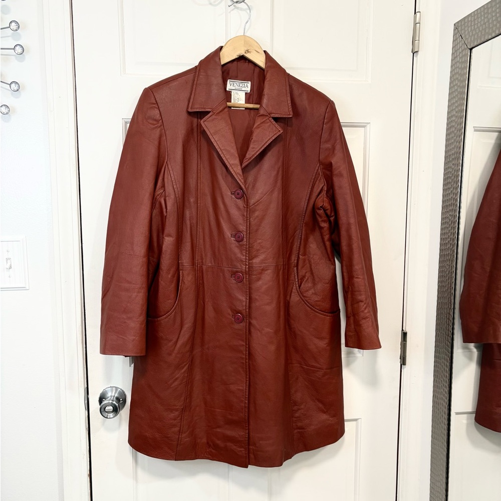 Vintage Venezia Vitale Genuine Leather Trench Coat Oxblood Red Womens Sz 6 Retro